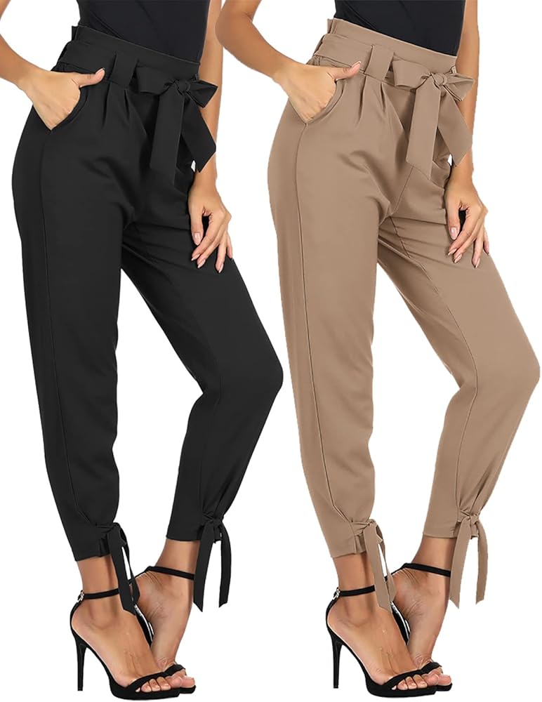 GRACE KARIN Women's Paper Bag High Waist Slim Fit Knot Pants with Belt 2pcs