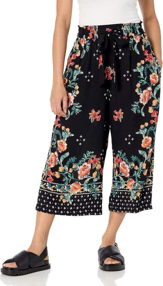 Angie Women's Floral Printed Culotte Pants with Bow Waistband