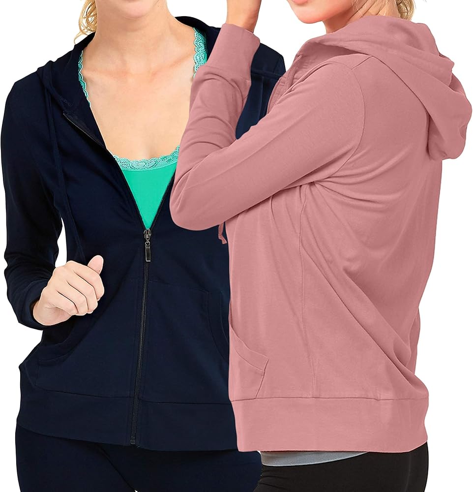 Women's Lightweight Cotton Blend Long Sleeve Zip Up Thin Hoodie Jacket (2PK - Navy/Mauve Rose, Large)