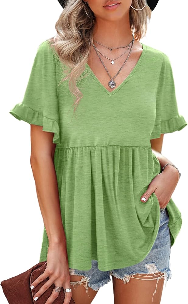 AGSEEM Womens Summer Tops Babydoll Short Ruffle Sleeve V Neck T-Shirts Casual Loose Fit