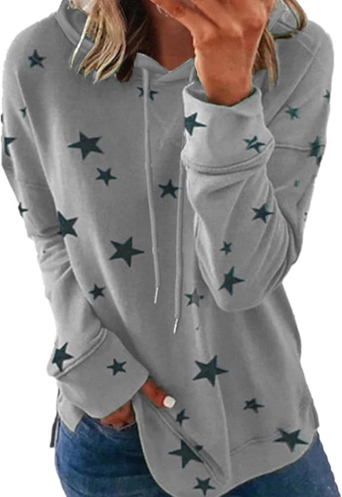 Womens Casual Hoodies Star Graphic Printed Sweatshirts Long Sleeve Drawstring Pullover 2023 Fashion Side Split Tops