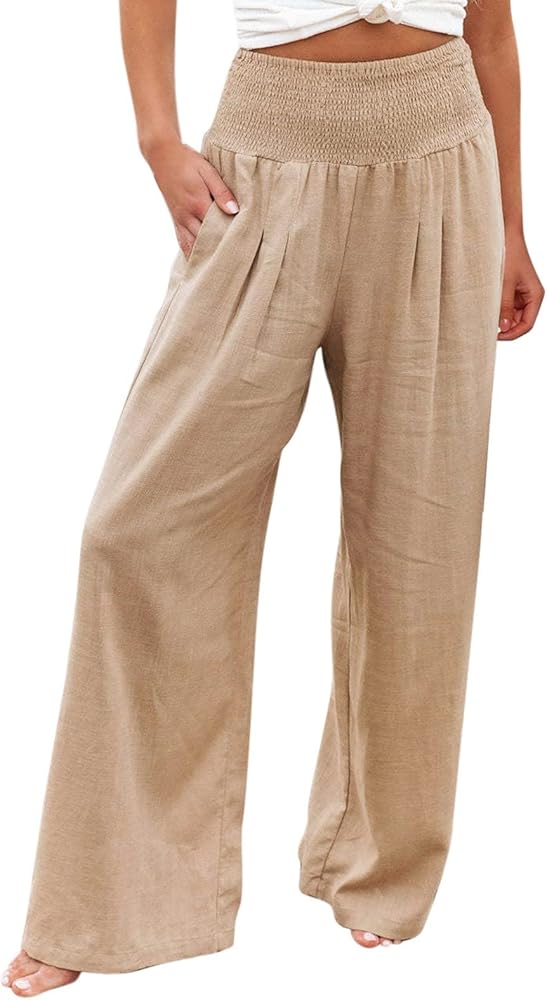 ORT Women Linen Palazzo Pants 2024 Summer Wide Leg Casual Loose Beach Travel Elastic High Waist Lounge Pants