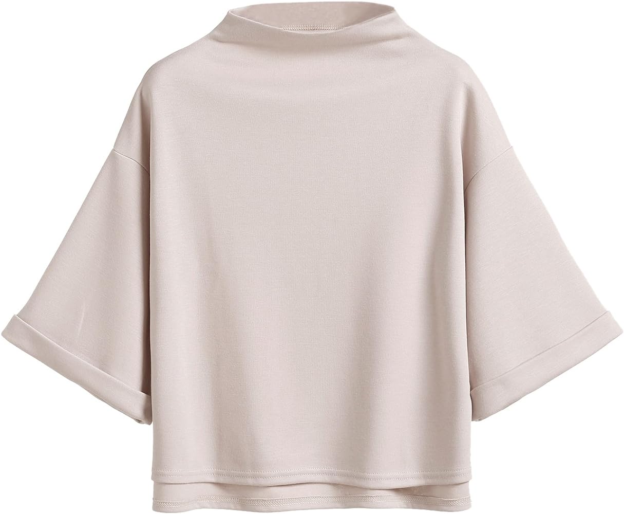 SweatyRocks Women's 3/4 Sleeve Mock Neck Basic Loose T-Shirt Elegant Top