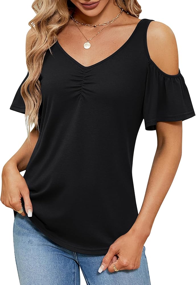 Micoson Cold Shoulder Tops for Women Casual Short Sleeve V Neck Tunic Shirts