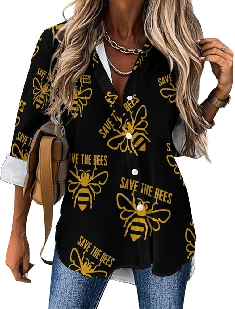 Save The Bees Classic Shirts for Women Long Sleeve Blouse Casual V Neck Tee Tops Work Office