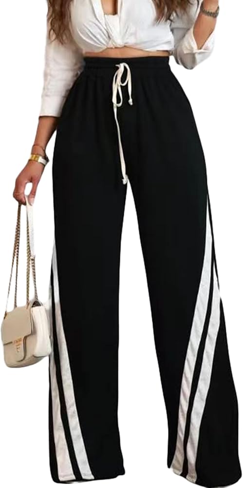 DINGANG High Waisted Casual Sweatpants Women Loose Wide Leg Elastic Waist Drawstring Cargo Striped Sweat Pants