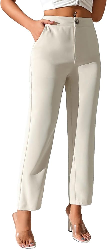 GORGLITTER Women's High Waisted Button Front Pants Straight Leg Slim Fit Trousers with Pockets