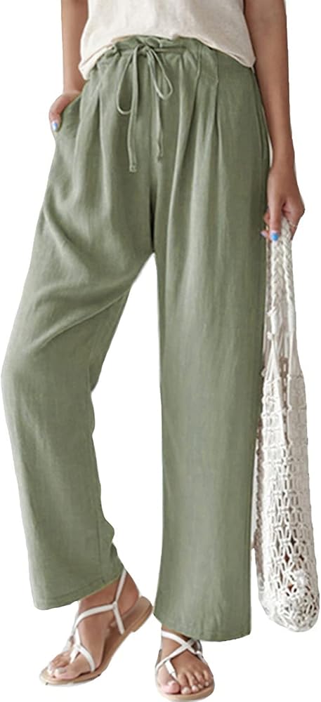 ebossy Women's Summer Drawstring Elastic Waist Cotton Linen Utility Beach Palazzo Pants Pockets