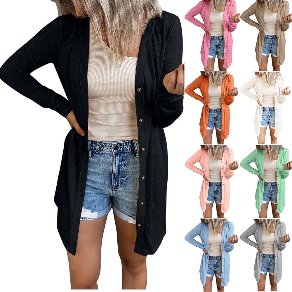 Women's Open Front Lightweight Cardigan Long Sleeve Button Down Loose Outwear Soft Dressy Plus Size Casual Sweater