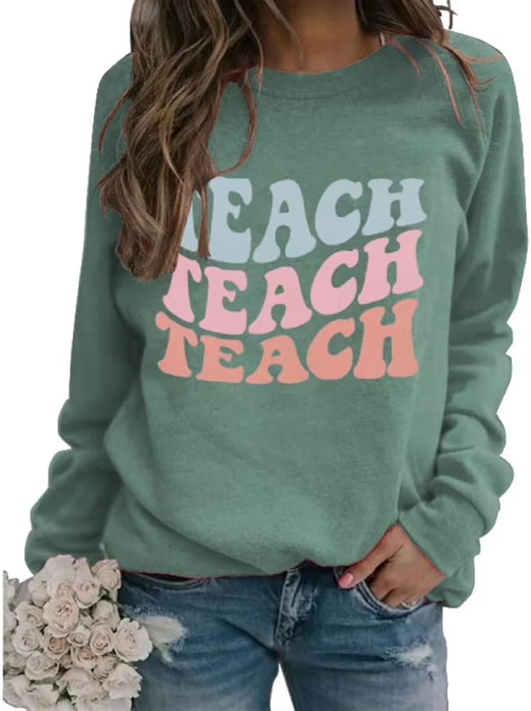 Womens Colorful Retro Teach Sweatshirt Crewneck Long Sleeve Casual Pullover Tops Hoodies Gift for Teacher