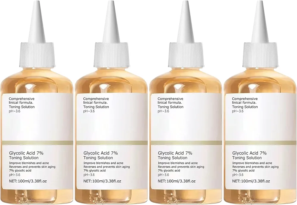 Set of 4, 100ML Glycolic Acid 7% Toner for Resurfacing, Exfoliation, Pore Refinement, and Blemish Reduction, Yellow