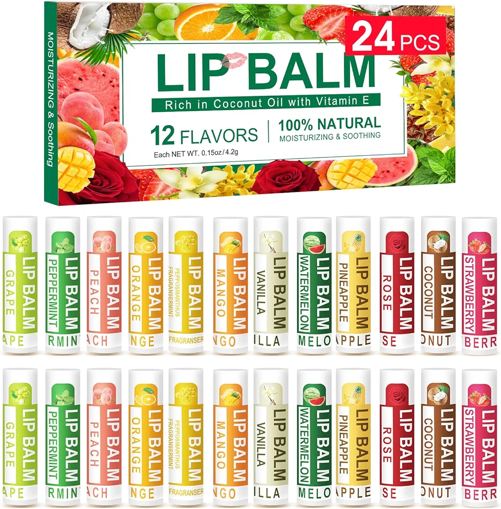 DMSKY 24 Pack Lip Balm, Natural Lip Balm Bulk with Vitamin E and Coconut Oil, Lip Care Product, Moisturizing Soothing Chapped Lips