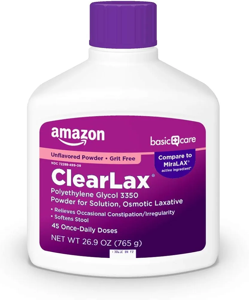 Amazon Basic Care ClearLax Polyethylene Glycol 3350 Powder for Solution, Osmotic Laxative, Relieves Occasional Constipation, Unflavored, 1.68 pound (Pack of 1)