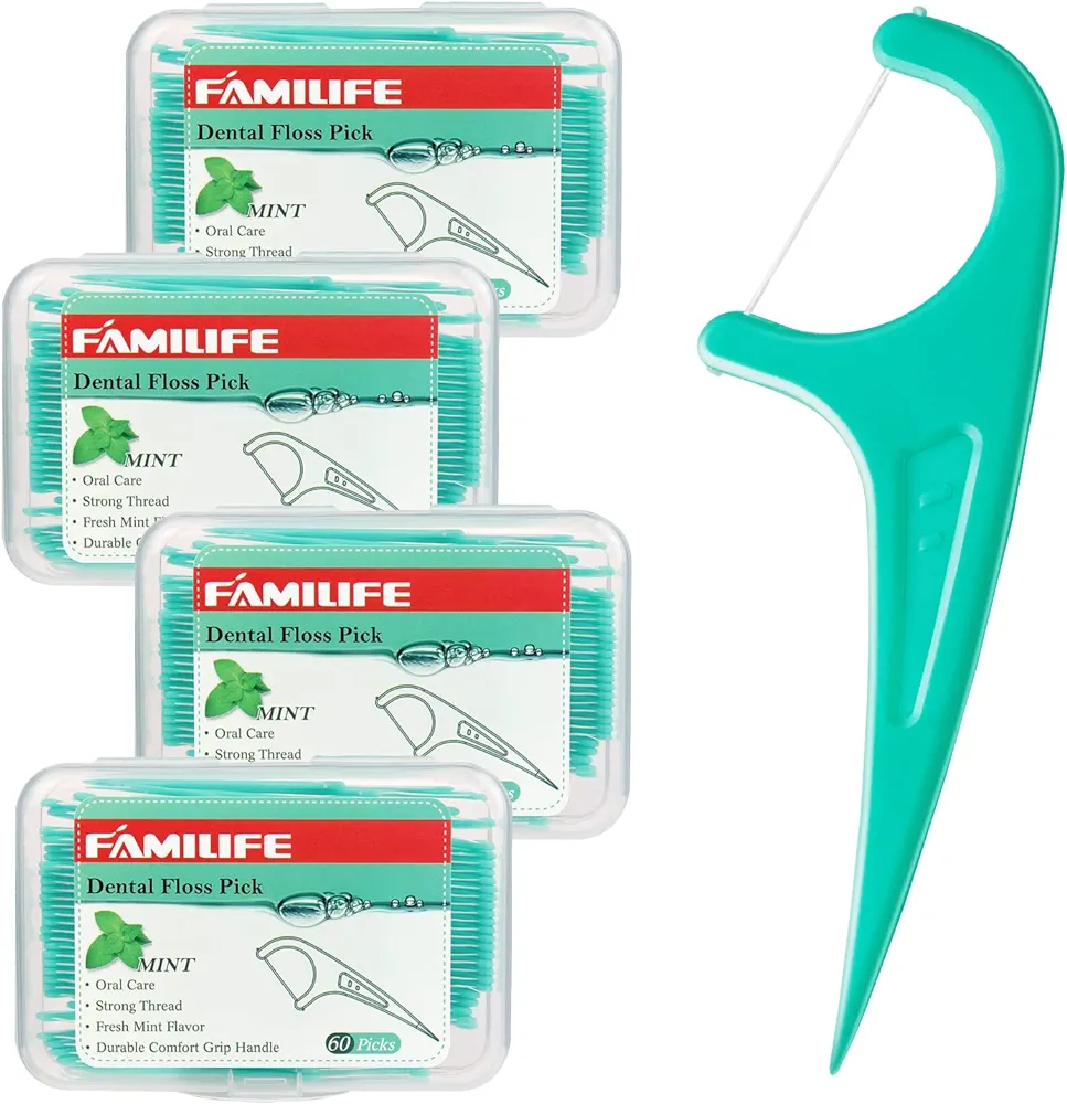 FAMILIFE Floss Picks, 240 Count Mint Dental Floss Picks, Tooth Picks Flossers with 4 Travel Handy Cases, Helps to Fight Tooth Decay and Keep Your Teeth Clean, Floss Sticks for Family