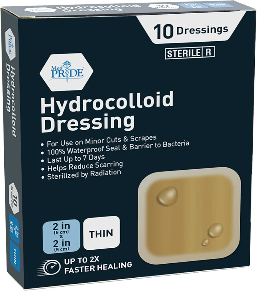 MED PRIDE Hydrocolloid 2'' x 2'' Wound Dressing Pads| 10-Pack, Sterile Adhesive Patches| Individually Packed, Highly Absorbent, Water-Resistant & Comfortable| Multiple Day Usage