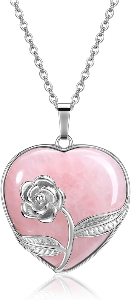 CrystalTears Healing Crystal Heart Necklace for Women Rose Flower Wrapped Natural Stone Pendant Necklaces Reiki Spiritual Quartz Gemstone Necklace Crystal Gifts for Mom Women Mothers Day