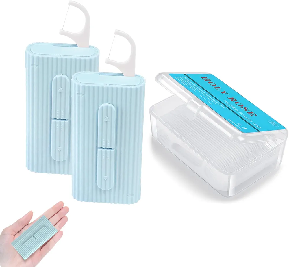 Holy rose Portable Dental Floss Picks Dispenser 2 Box,Travel Floss Case with Adult Floss Sticks 80Count,Portable Flosser Toothpick Perfect for Home,Travel Cleaning Teeth,Tool for Oral Care(Blue）