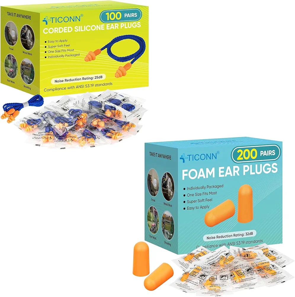 TICONN 200 Pairs Foam Ear Plugs + 100 Pairs Reusable Silicone Ear Plugs