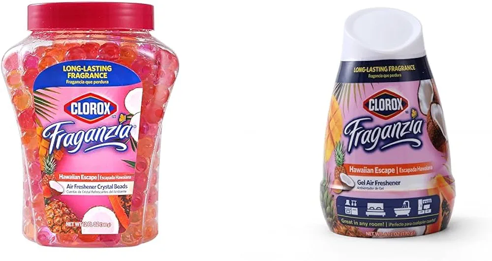 Clorox Fraganzia Air Freshener Bundle: Hawaiian Escape Burst Crystal Beads (12oz) & No-Plug, Battery-Free Gel Cone (6oz) for Long-Lasting Freshness in Any Space