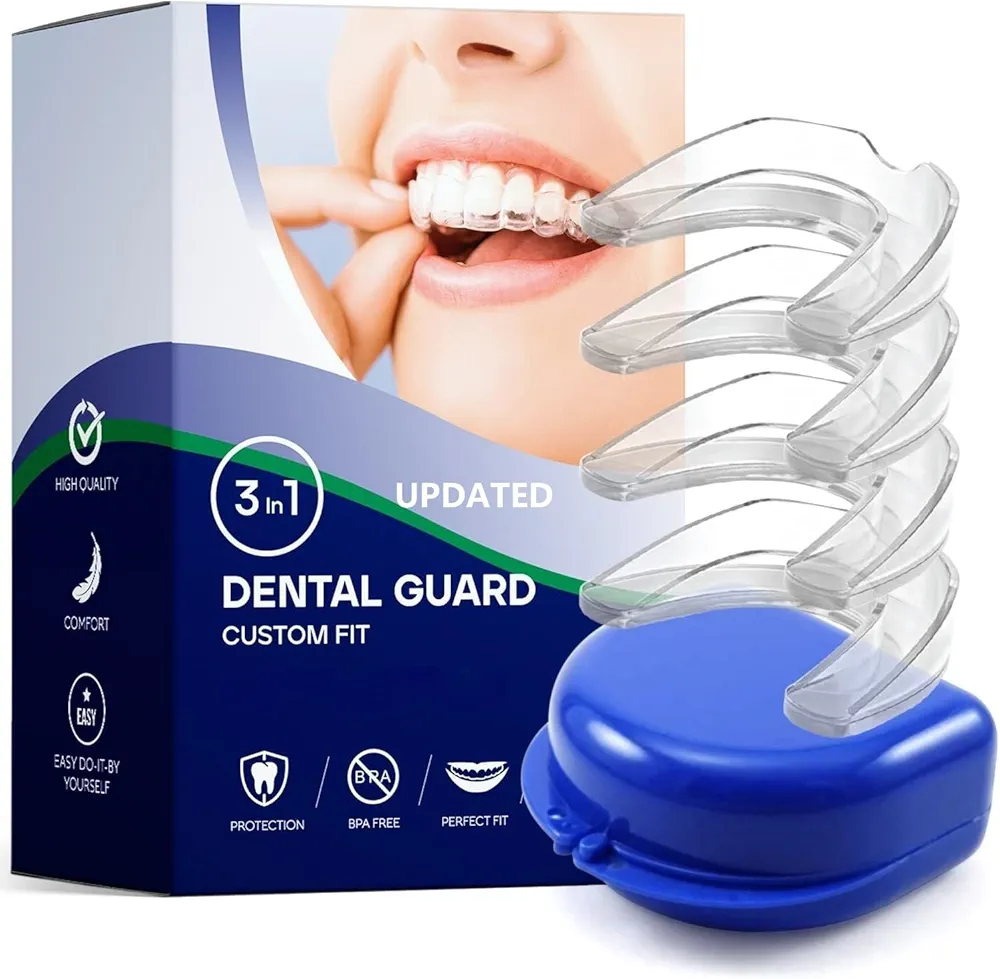 Mouth Guard for Grinding Teeth At Night - Pack of 4 - Upgraded Night Guards for Teeth Grinding, Mouth Guard for Clenching Teeth At Night, Advanced Night Guard with 2 Sizes & Hygiene Case - White