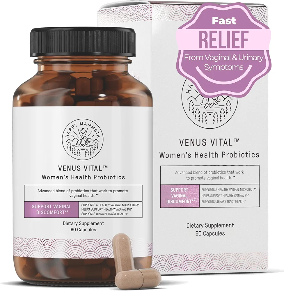 Happy Mammoth Venus Vital 3-in-1 Women’s Health Probiotic Formula Supports Vaginal, Urinary & Gut Health. Fast & Long-Lasting Relief from Vagina Odor, Itching, Burning, and Discomfort. 72 Caps.