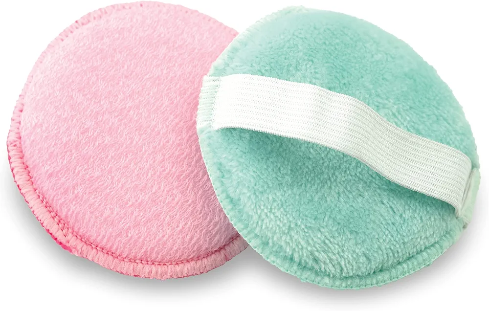 S&T INC. Gentle Face Scrubbers, Dual Sided Face Exfoliators with Elastic Strap, 3.3 Inch Diameter, 2 Pack, Teal/Pink