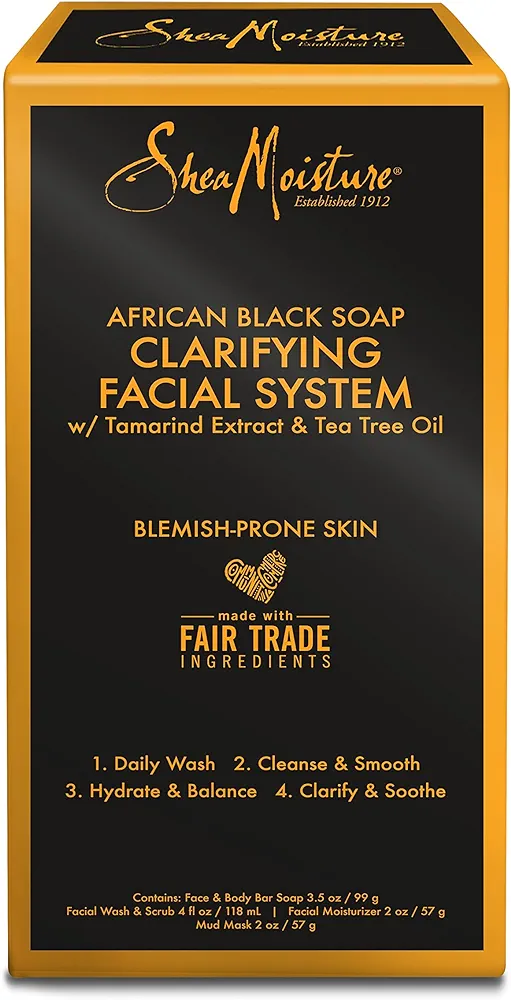 SheaMoisture African Black Soap Face Wash Regimen Kit - Shea Moisture Soap Bar for Face & Body, Clarifying Facial Wash & Scrub, Problem Skin Moisturizer and Facial Mask Bundle (4 Piece Set)