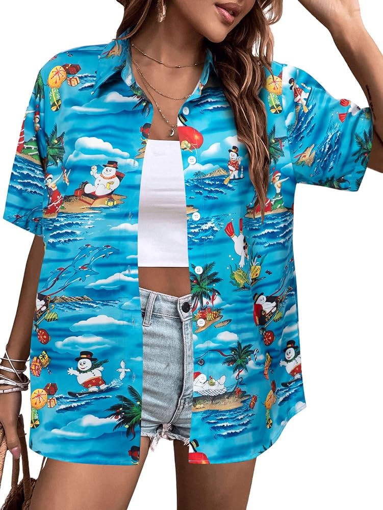 Merry Xmas Shirt Hawaiian Shirts Women Funny Santa Claus Snowman Ugly Graphic Tee Summer Holiday Beach Blouses Button Up Tops