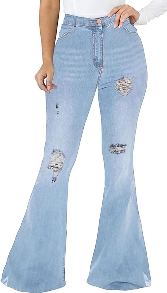 pnpednde Fashion Sexy Ripped Women Plus Size Dark Light Blue Elastic Denim Bell Bottoms（Light Blue-XL）