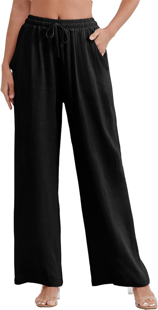 Women’s Linen Summer Palazzo Pants Flowy Wide Leg Beach Casual Pants Loose Trousers with Pockets