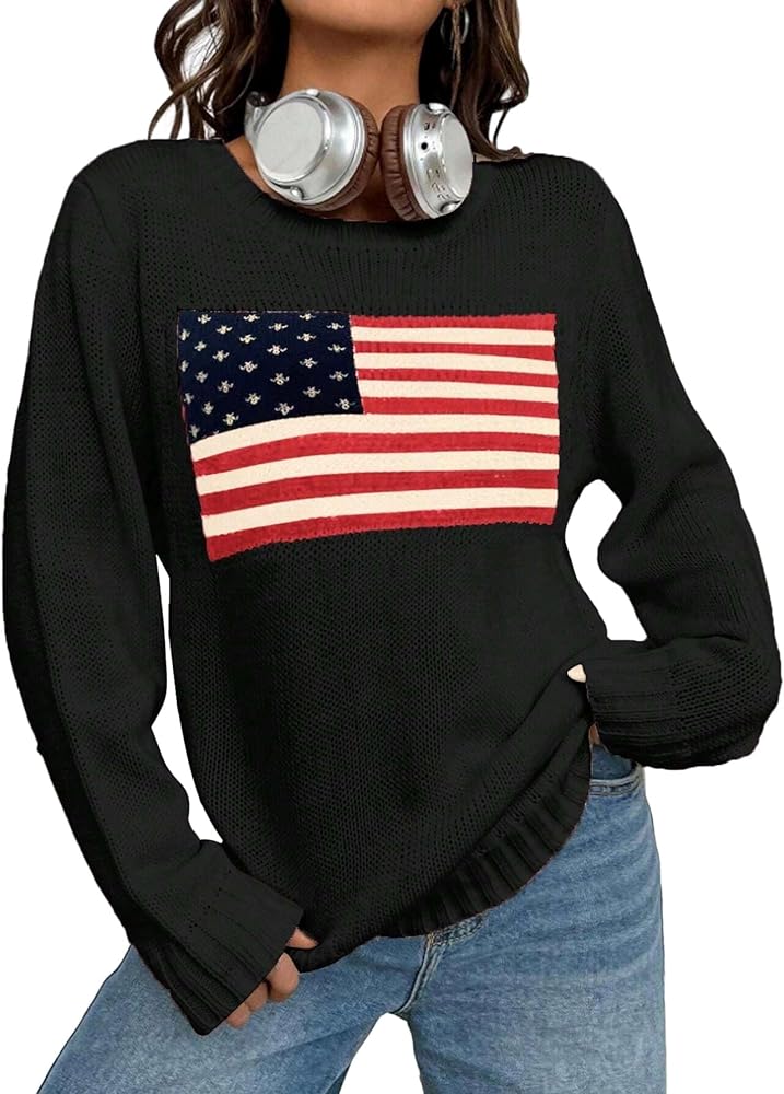 MARZXIN Womens Casual Sweater Long Sleeve Round Neck American Flag Loose Pullovers