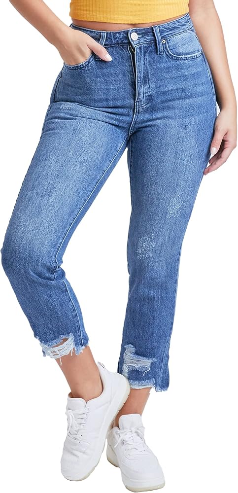 YMI Women's Junior Hybrid Dream High-Rise Slim Straight Jean with Frayed Hem