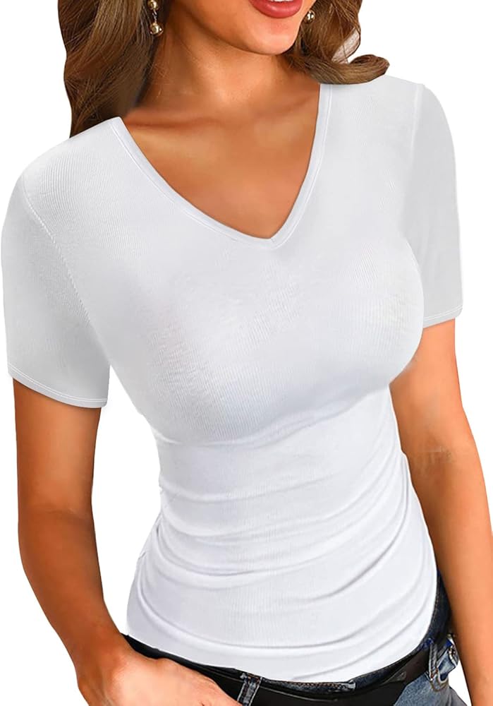 LOLONG T Shirts for Women Short/Long Sleeve V Neck Casual Ribbed Slim Fitted Tops