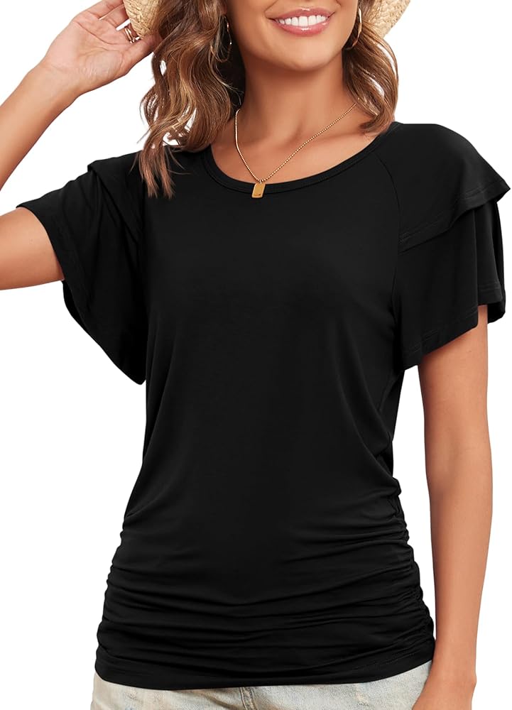 Side Seam Ruched Double Layer Short Sleeve Tops Summer Crewneck Tshirts for Women 2024 Trendy