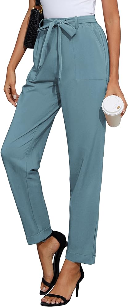 GRACE KARIN Women High Waist Pants with Belt Fold-up Leg Opening Pants with Big Pockets