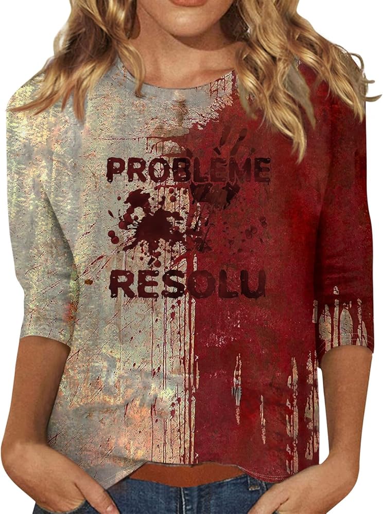 Women Halloween Costumes 3/4 Sleeve Round Neck Printed Tops Casual Blouses Trendy Tunics Loose Shirts Graphic Tees