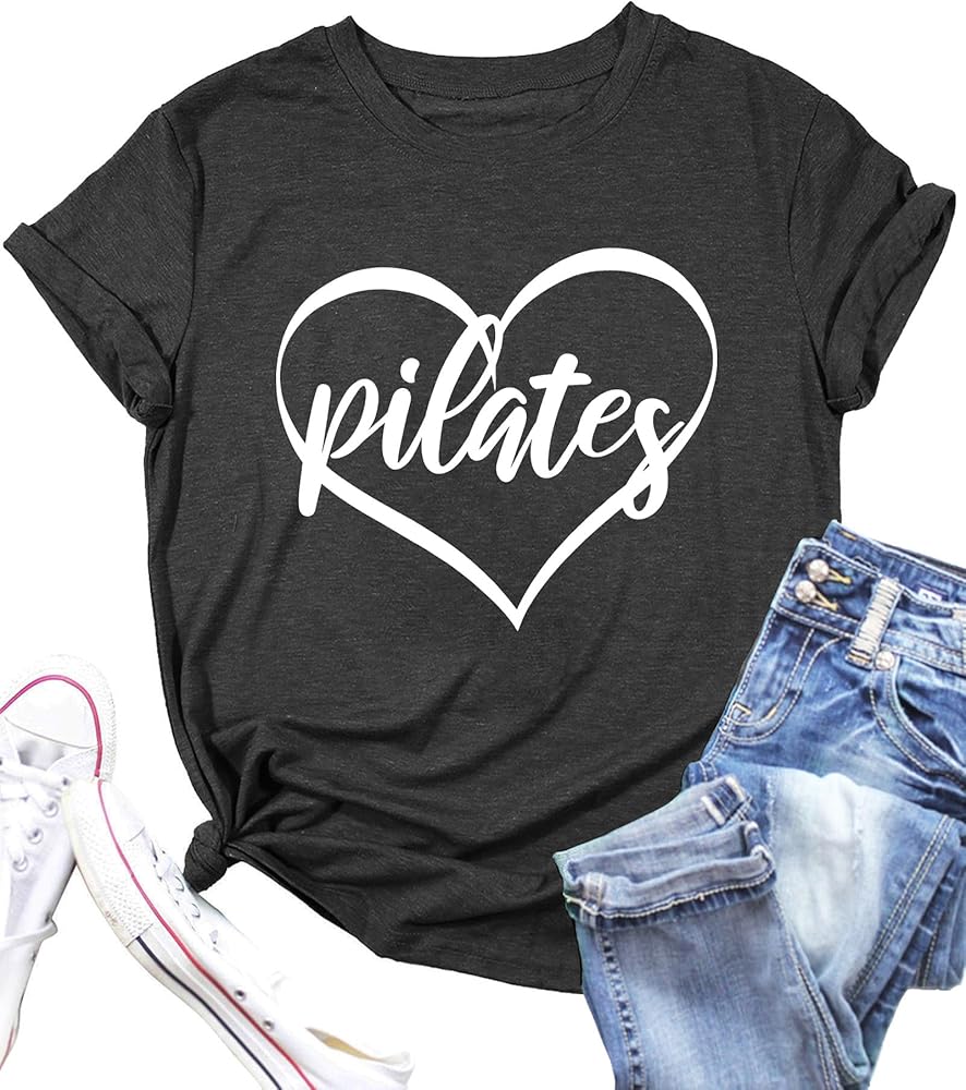 PECHAR Pilates Shirts for Women - Yoga Workout Graphic Heart Tees Sports Lover Tops Pilates Teacher Gifts Blouse T-Shirts