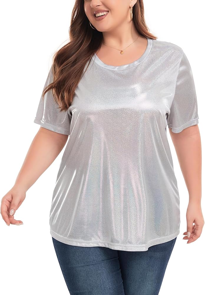 Women's Plus Size Top Shiny See Through T Shirt Holographic Metallic Shirt Party Disco Tee Blouse