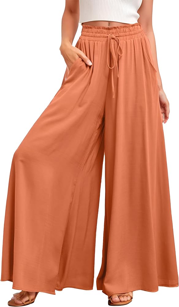 Wide Leg Pants for Women Summer Flowy Pants Elastic Waist with Pockets Palazzo Lounge Pants