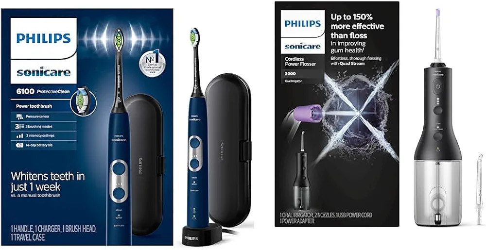 Philips Sonicare ProtectiveClean 6100 Rechargeable Electric Power Toothbrush, Navy Blue, HX6871/49 & Cordless Power Flosser 3000 - Black