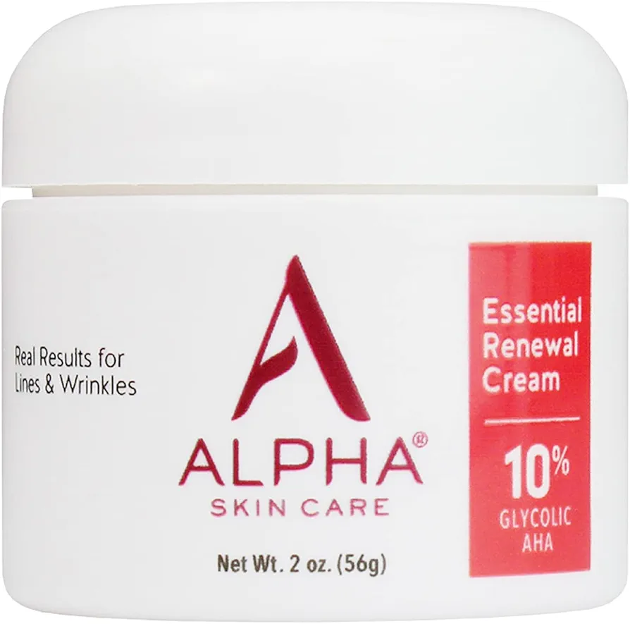 Alpha Skin Care Essential Renewal Cream | Anti-Aging Formula | 10% Glycolic Alpha Hydroxy Acid (AHA | 2 Oz, Red , White