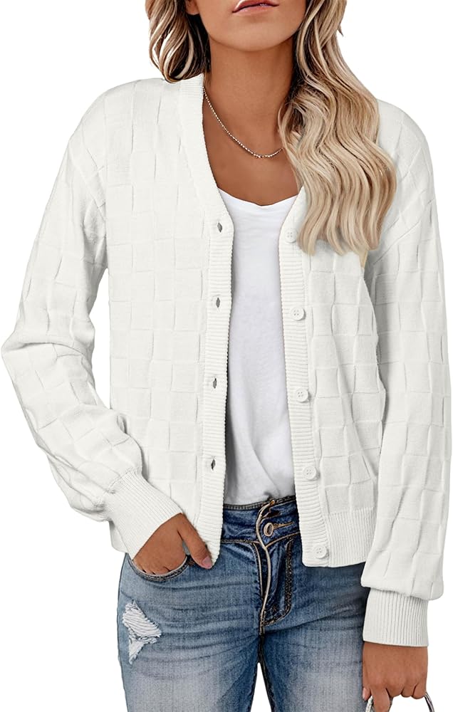 EVALESS Womens Cropped Chunky Cardigans Sweaters Trendy Lightweight Long Sleeve Checkered Knit Open Front Button Tops Outfits