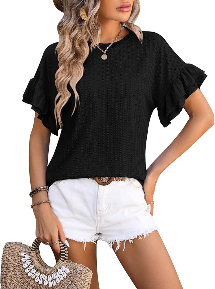 Viracy Women's Summer Tops Trendy Casual Blouses Textured Solid Color Round Neck Double Layers Ruffle Short Sleeve Shirts