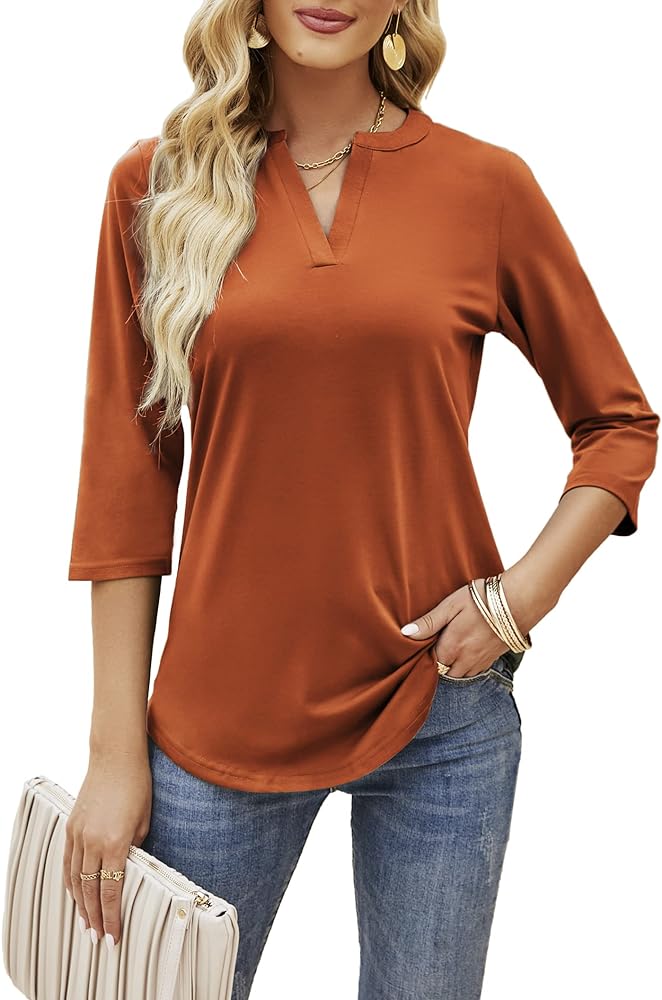 Sherosa Women's 3/4 Sleeve Shirts V Neck Casual Henley Work Tops Blouses