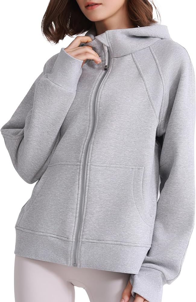 Womens Fleece Lined Full Zip Up Hoodies Cotton Winter Zipper Sweatshirts Jackets for Women with Thumbhole Pocket