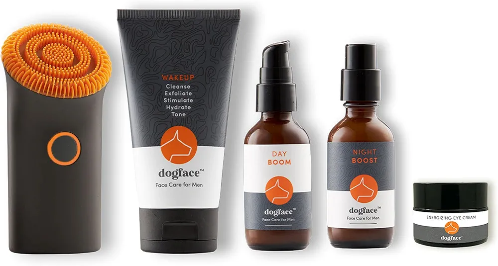 Dogface Men's Skincare Set- Technobrush, Electric Facial Brush, Wakeup Gel Face Wash to Hydrate Skin, Day Boom, Night Boost Retinol Serum, Eye Cream