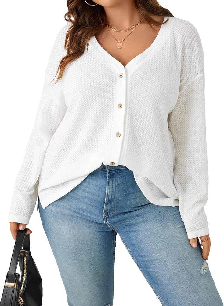 Verdusa Women's Plus Size Long Sleeve Button Down Cardigan V Neck Waffle Knit Top