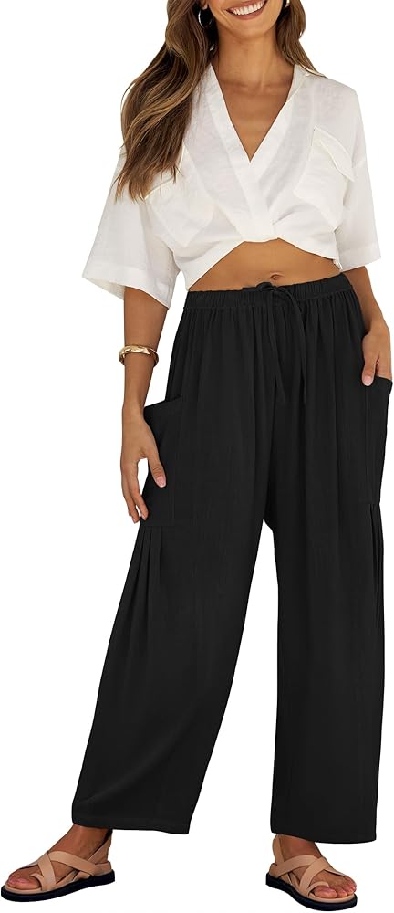 ZESICA Women's Linen Wide Leg Pants High Waist Drawstring Casual Loose Flowy Palazzo Harem Trousers with Pockets