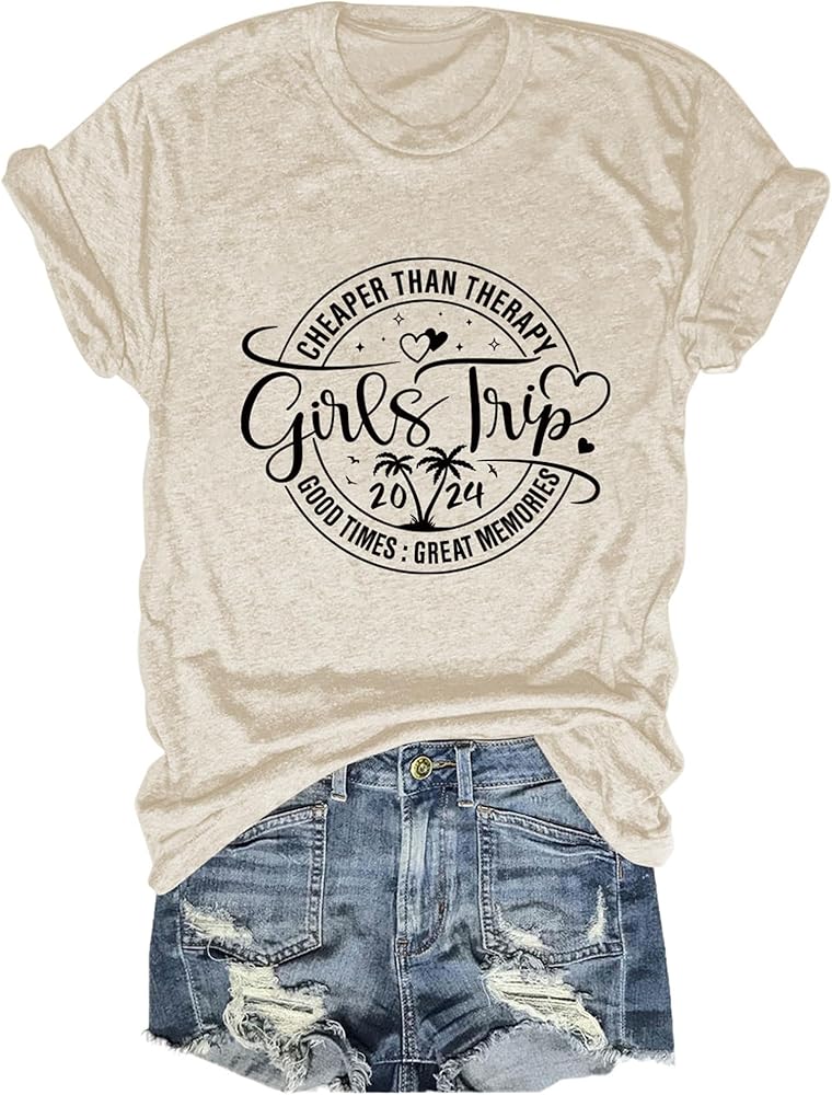 Womens Tops Girls Trip T Shirts 2024 Funny Travel Vacation Shirt Graphic Tee Casual Short Sleeve Summer Blouse