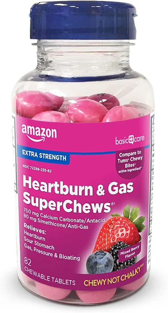 Amazon Basic Care Heartburn & Gas SuperChews Chewable Tablets, Mixed Berry, 82 Count (Previously SoundHealth)